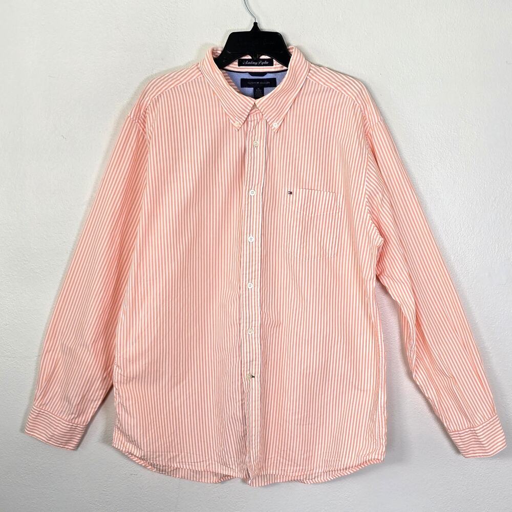 Tommy Hilfiger Shirt Mens XL Orange Stripe Academy Poplin Preppy Casual Classic